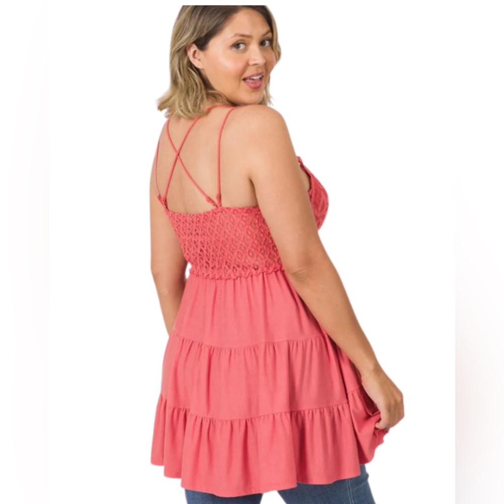 NWOT Women’s Plus Size ZENANA OUTFITTERS Lace Coral Tiered Crochet Cami - Picture 3 of 10